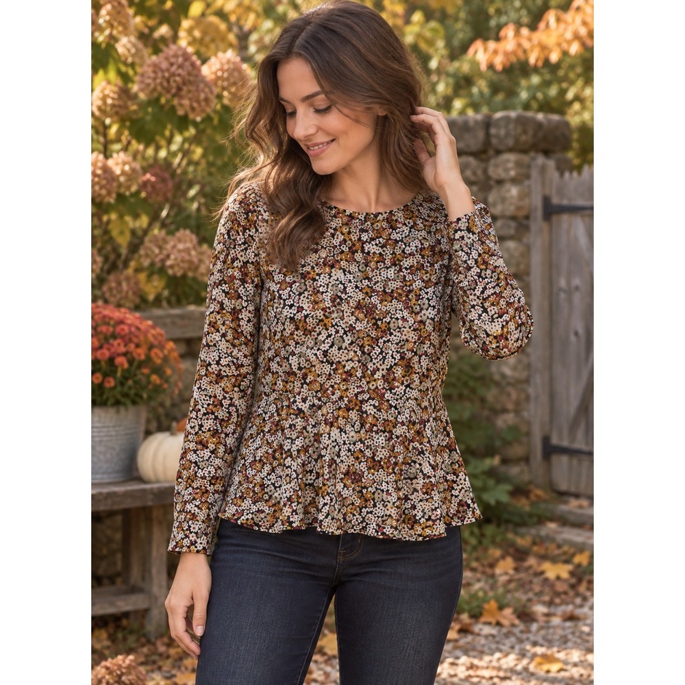 LOFT Floral Peplum Blouse Womens S Black Romantic Fall Cottagecore